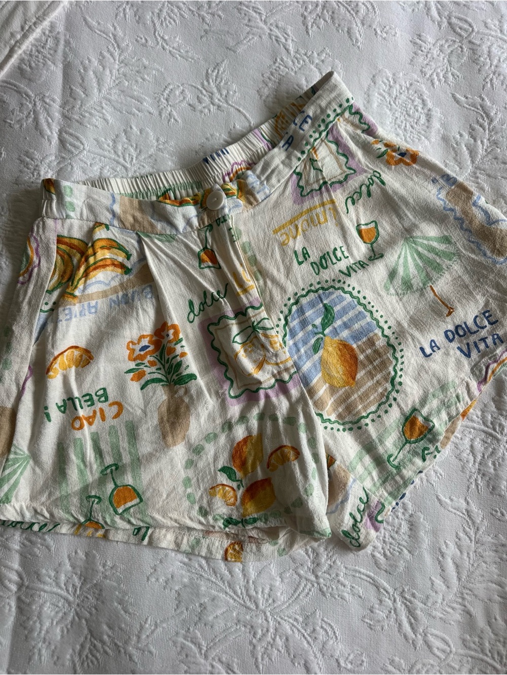 Paper Heart La Dolce Vita Cream Printed Women's Shorts Linen Blend Medium